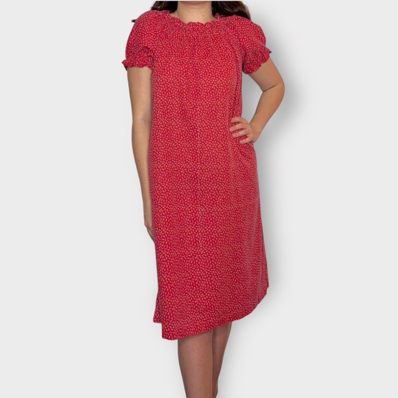 Vintage 1990s Home Sewn Red Cotton Mini Floral Relaxed Fit Midi Dress - Picture 1 of 5